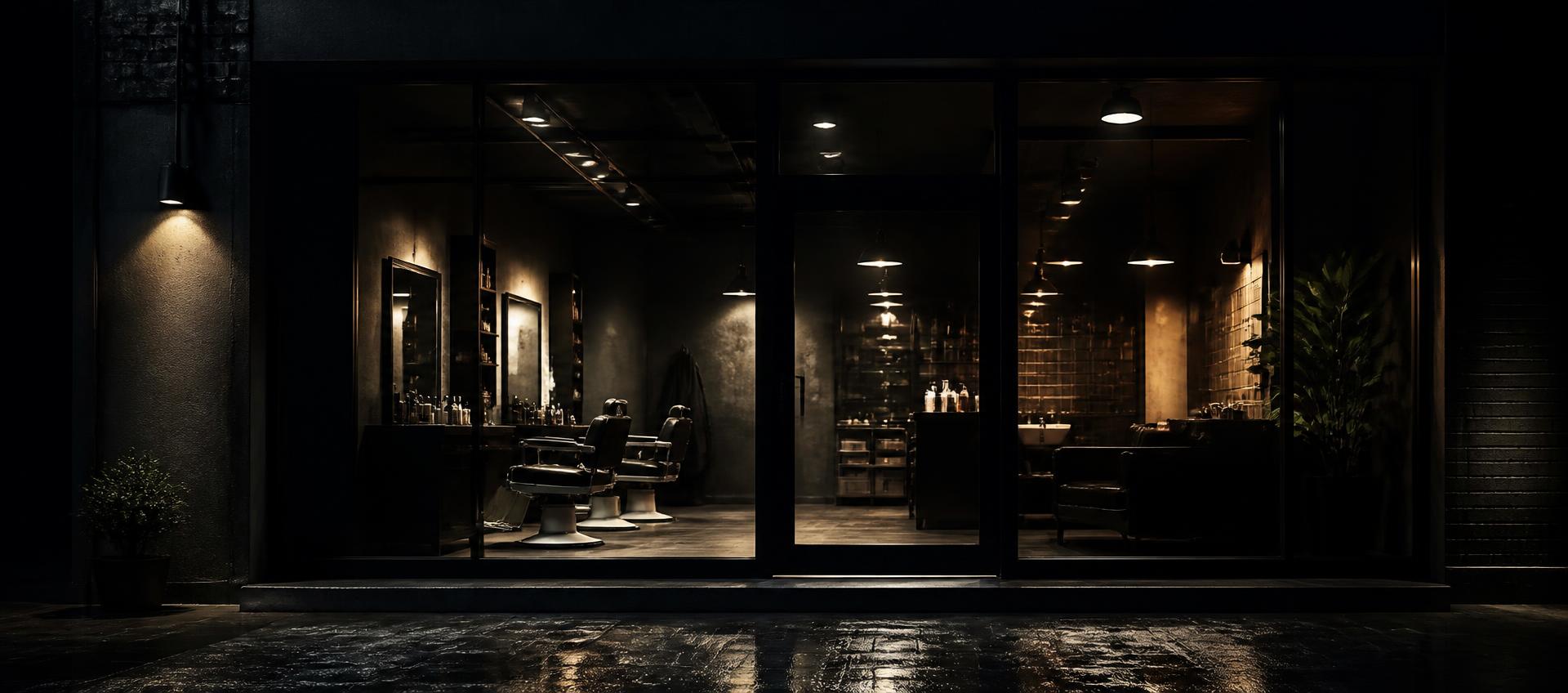 Ingresso della barberia BLCK ROOM a Bassano del Grappa illuminato di sera